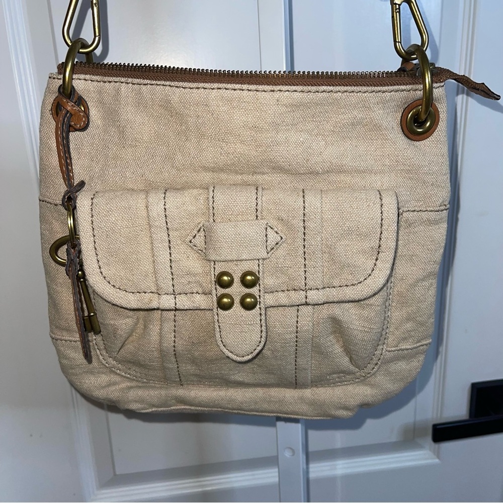 Fossil Canvas Crossbody Bag Tan Brown Leather Trim Key Charm Zip Top